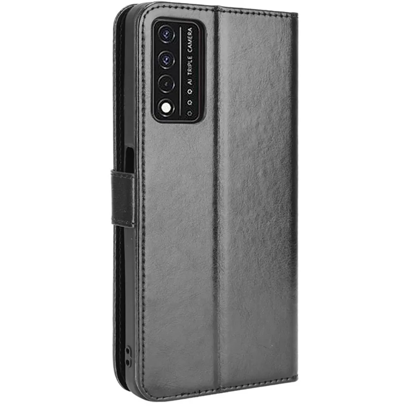 Wallet Stand Design Magnetic Clasp Closure Crazy Horse Leather Shell with Strap for T-Mobile REVVL V+ 5G - Black