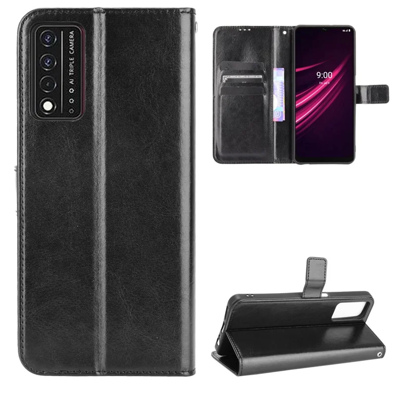 Wallet Stand Design Magnetic Clasp Closure Crazy Horse Leather Shell with Strap for T-Mobile REVVL V+ 5G - Black