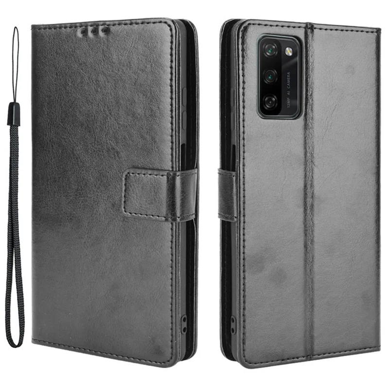 Verrücktes Pferdleder-Portemonnaie mit Ständer und praktischem Trageriemen für Blackview A100 - Schwarz