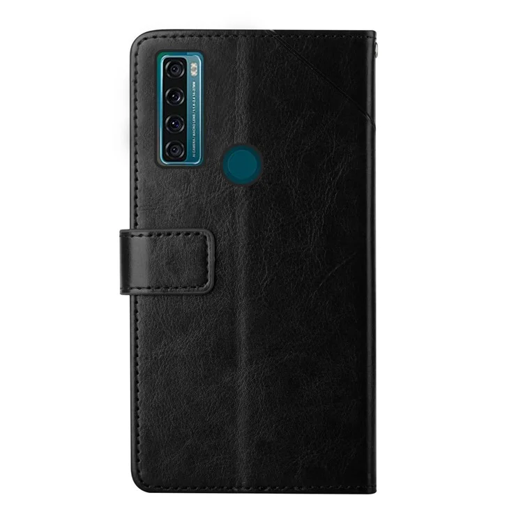 Quality PU Leather Phone Cover Stylish Y-shaped Line Imprinting Wallet Shell Stand Case for TCL 20 SE - Black