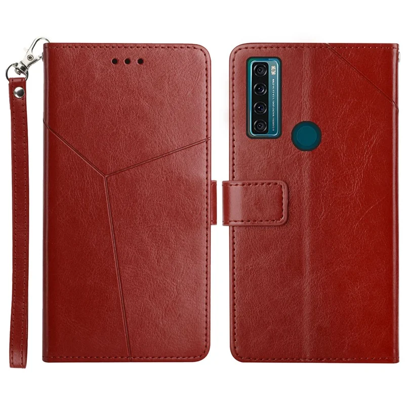 Quality PU Leather Phone Cover Stylish Y-shaped Line Imprinting Wallet Shell Stand Case for TCL 20 SE - Wine Red