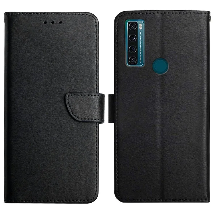 Calidad de Diseño Flip Cubierta de Cuero Genuino Textura Multifunción Montar Billetera Case de Teléfono Protector de Cuerpo Completo Para TCL 20 SE - Negro