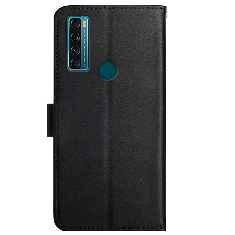 Calidad de Diseño Flip Cubierta de Cuero Genuino Textura Multifunción Montar Billetera Case de Teléfono Protector de Cuerpo Completo Para TCL 20 SE - Negro