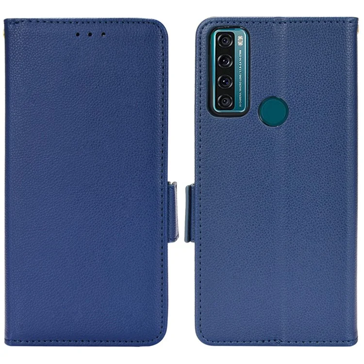 Suporte de recurso Litchi Texture PU Leather Wallet Case Double Magnetic Closure Flip Cover para TCL 20 SE - Dark Blue