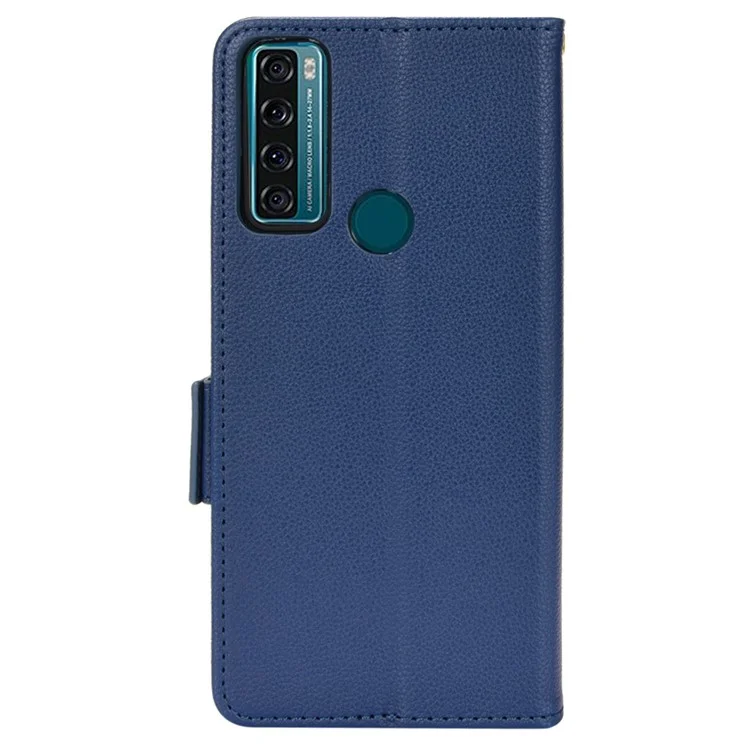 Suporte de recurso Litchi Texture PU Leather Wallet Case Double Magnetic Closure Flip Cover para TCL 20 SE - Dark Blue