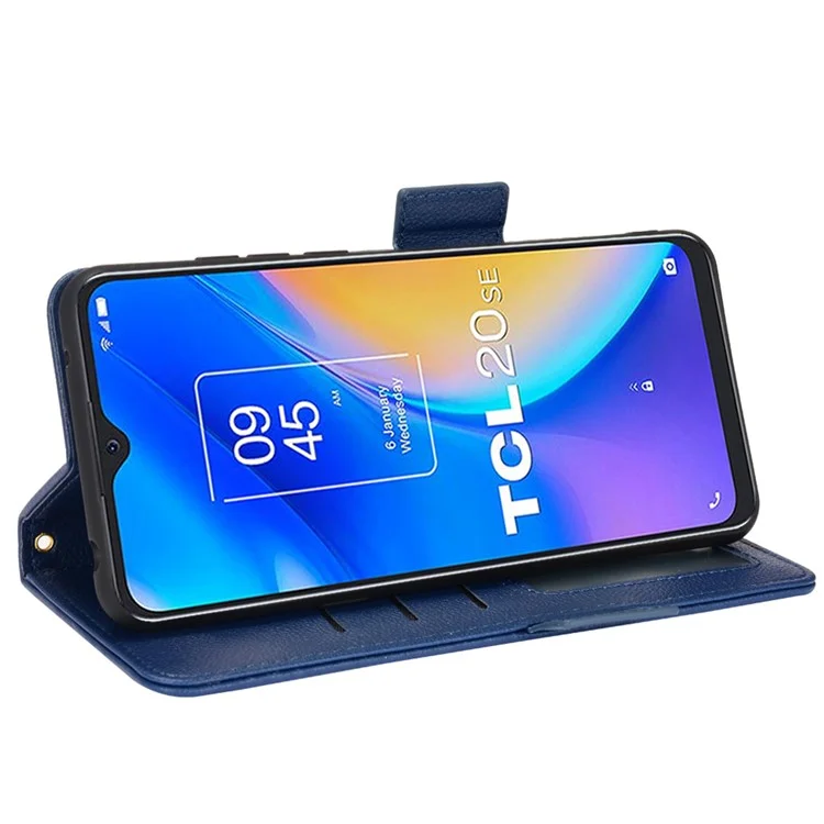 Suporte de recurso Litchi Texture PU Leather Wallet Case Double Magnetic Closure Flip Cover para TCL 20 SE - Dark Blue