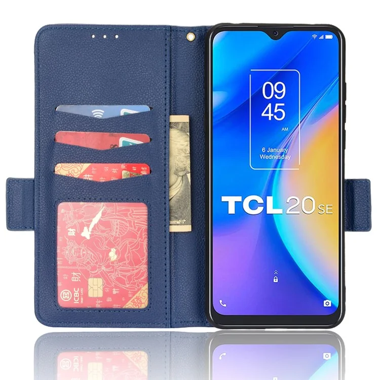 Suporte de recurso Litchi Texture PU Leather Wallet Case Double Magnetic Closure Flip Cover para TCL 20 SE - Dark Blue