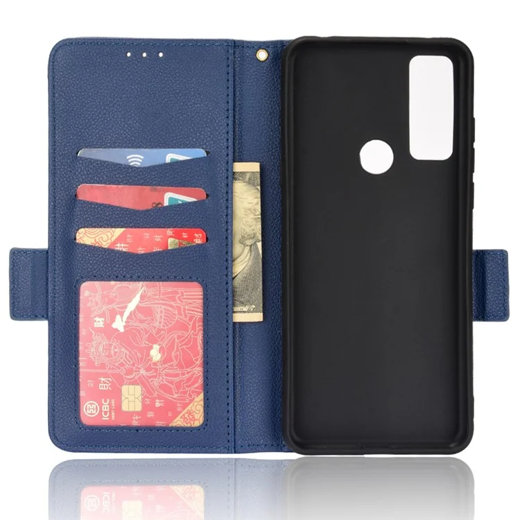 Suporte de recurso Litchi Texture PU Leather Wallet Case Double Magnetic Closure Flip Cover para TCL 20 SE - Dark Blue