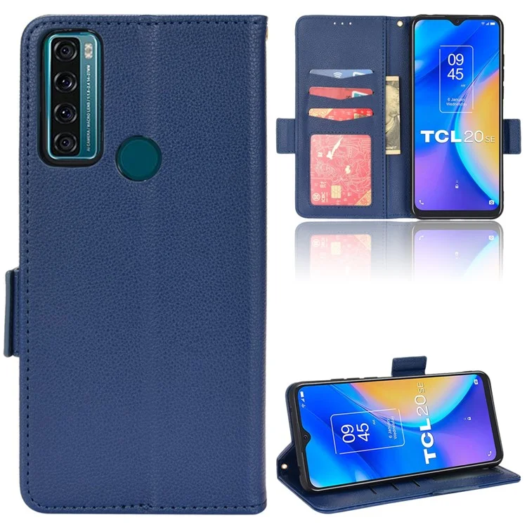 Suporte de recurso Litchi Texture PU Leather Wallet Case Double Magnetic Closure Flip Cover para TCL 20 SE - Dark Blue