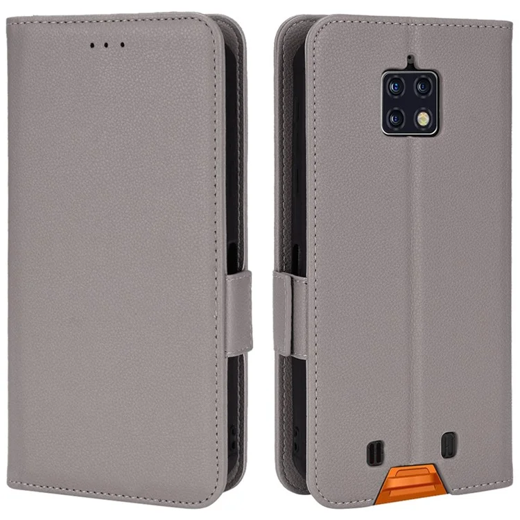Étui de téléphone à double fermoir magnétique et texture de litchi pour Oukitel WP6, étui portefeuille en cuir PU avec support de visualisation - Gris