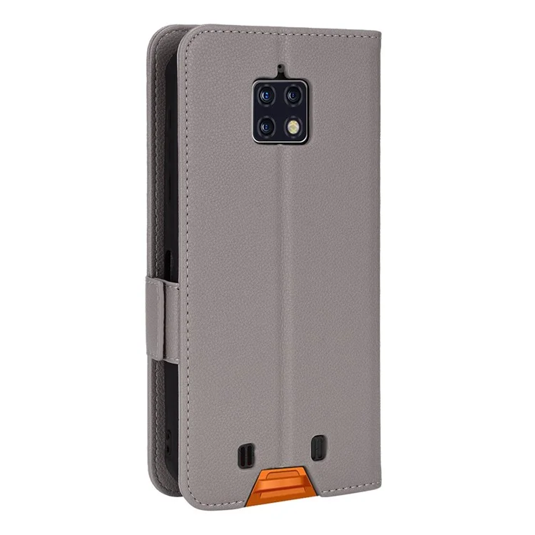 Étui de téléphone à double fermoir magnétique et texture de litchi pour Oukitel WP6, étui portefeuille en cuir PU avec support de visualisation - Gris