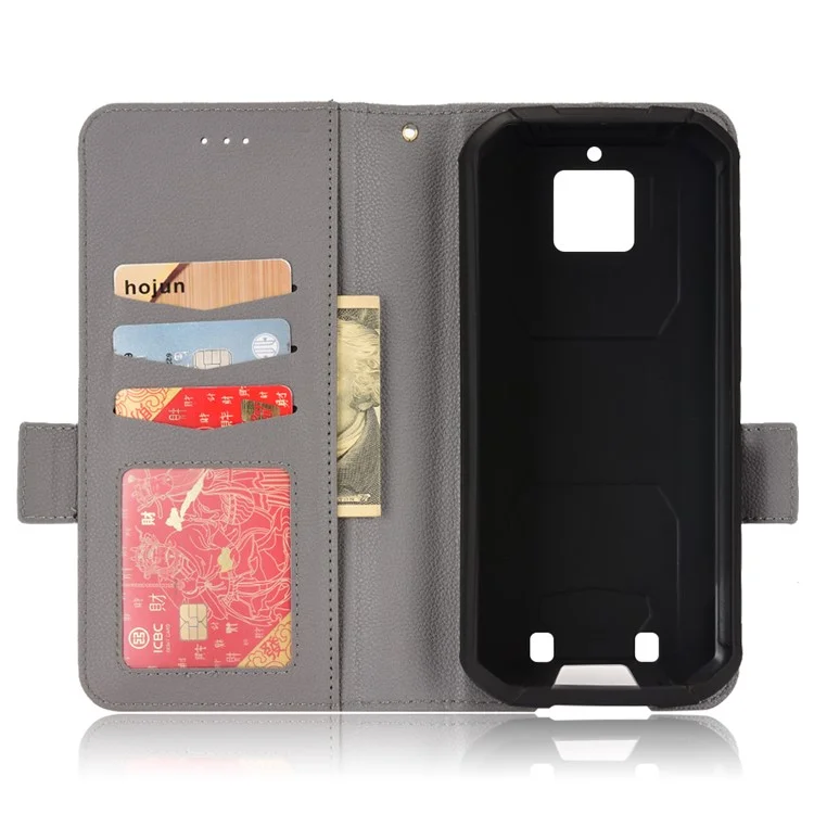 Étui de téléphone à double fermoir magnétique et texture de litchi pour Oukitel WP6, étui portefeuille en cuir PU avec support de visualisation - Gris