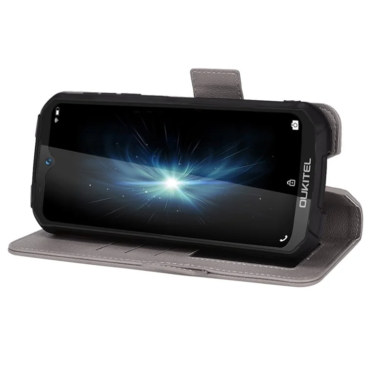 Étui de téléphone à double fermoir magnétique et texture de litchi pour Oukitel WP6, étui portefeuille en cuir PU avec support de visualisation - Gris