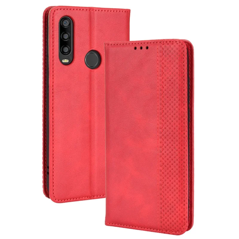 For TCL L10 Pro PU Leather Phone Case Mosaic Imprinted Magnetic Auto Closing Stand Wallet Cover - Red