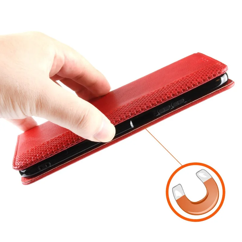 For TCL L10 Pro PU Leather Phone Case Mosaic Imprinted Magnetic Auto Closing Stand Wallet Cover - Red