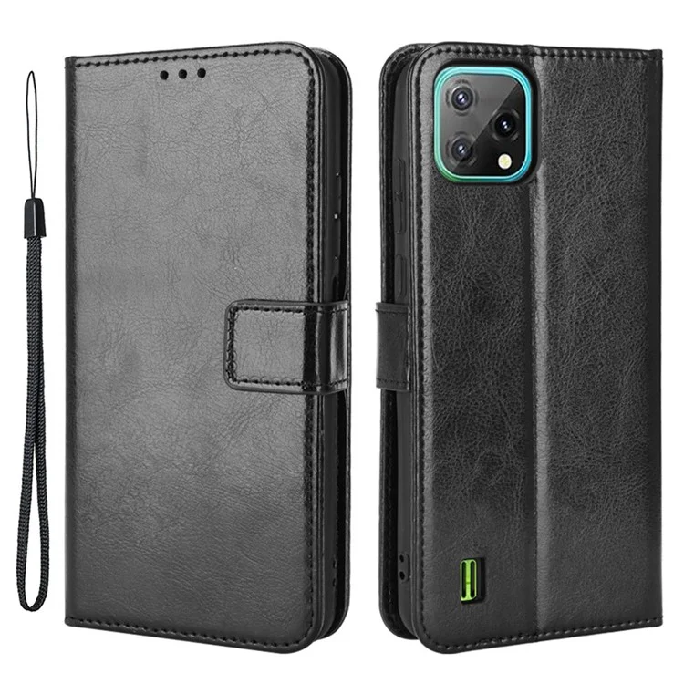 Für Blackview A55 PU Leder Flip Case Crazy Horse Textur Folio Stand Magnetic Folding Cover Mit Riemen - Schwarz