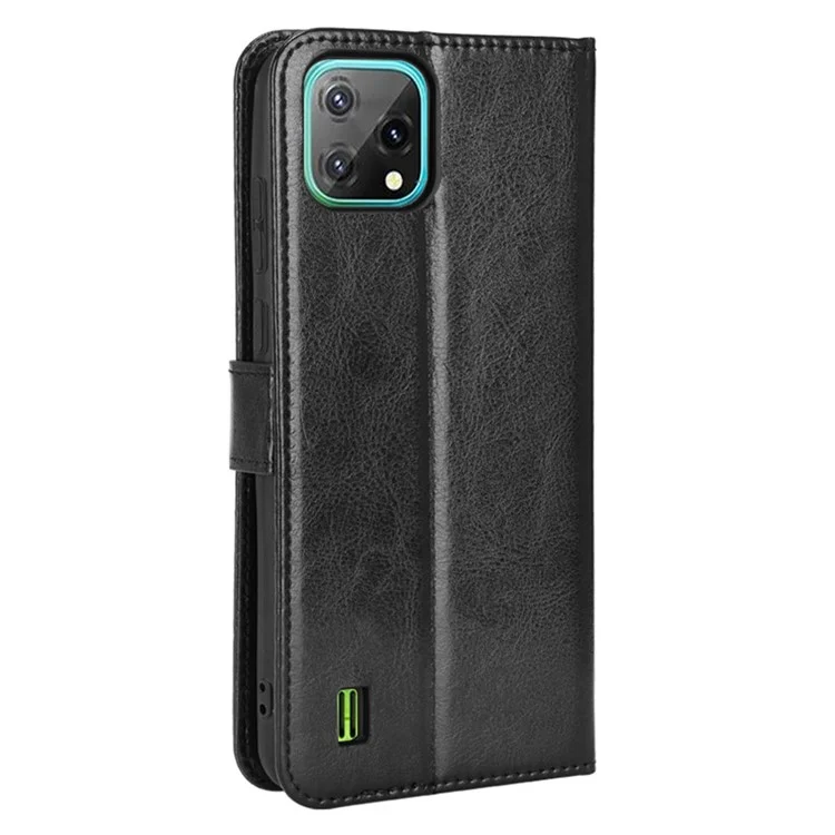 Für Blackview A55 PU Leder Flip Case Crazy Horse Textur Folio Stand Magnetic Folding Cover Mit Riemen - Schwarz