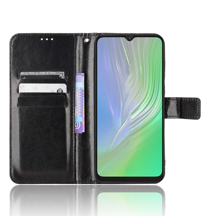 Für Blackview A55 PU Leder Flip Case Crazy Horse Textur Folio Stand Magnetic Folding Cover Mit Riemen - Schwarz
