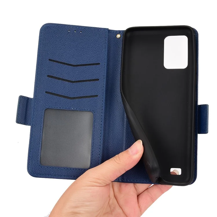 Litchi Texture Leather Phone Case for Oukitel C25, PU Leather Protective Case with Wallet Stand - Dark Blue