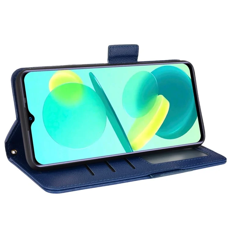 Litchi Texture Leather Phone Case for Oukitel C25, PU Leather Protective Case with Wallet Stand - Dark Blue