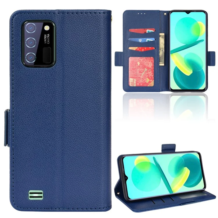 Litchi Texture Leather Phone Case for Oukitel C25, PU Leather Protective Case with Wallet Stand - Dark Blue