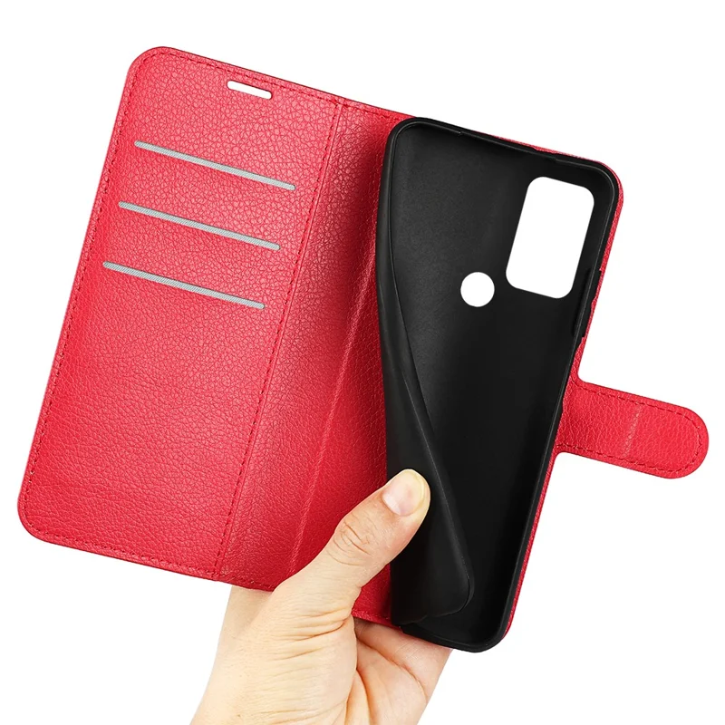 For TCL 30E/TCL 30 SE/TCL 306/TCL 305 PU Leather Folio Book Magnetic Cover Stand Feature Protective Litchi Texture Wallet Case -  Red