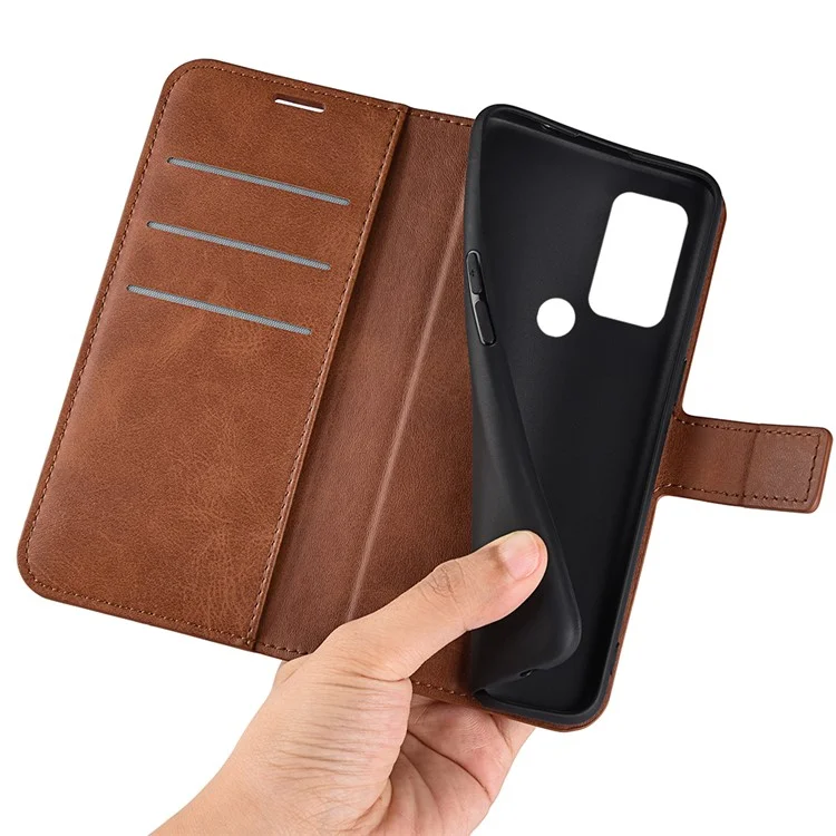 Para TCL 30E/TCL 30 SE/TCL 306/TCL 305 Textured PU Leather Wallet Case Stand Feature Magnetic Flip Folio Phone Cover - Light Brown