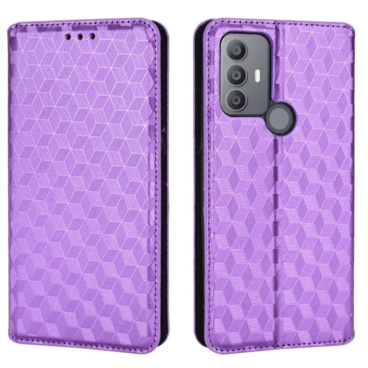 Per TCL 30E/30 SE/305/306/Sharp Aquos V6/V6 Plus Telefono Rhombus Impronta in Pelle PU Copertura Magnetica a Chiusura Automatica Con Portafoglio Stand - Viola