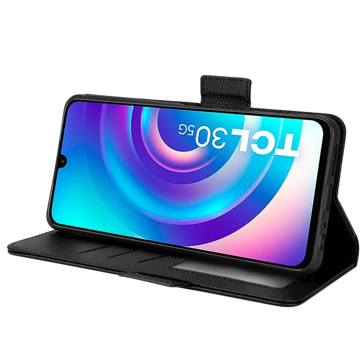 Pour TCL 30 4G/5G/TCL 30+ Litchi Texture PU Leather Dual Magnetic Clasp Phone Case Stand Wallet Shell - Noir