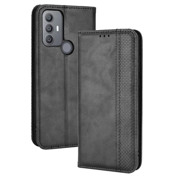 Для TCL 30 SE/30E/306/305/Sharp Aquos V6/V6 Plus Anti-shock Retro Leather Magnetic Cover Mosaic Imprinted Wallet Style Stand Well-protected Shell - Black