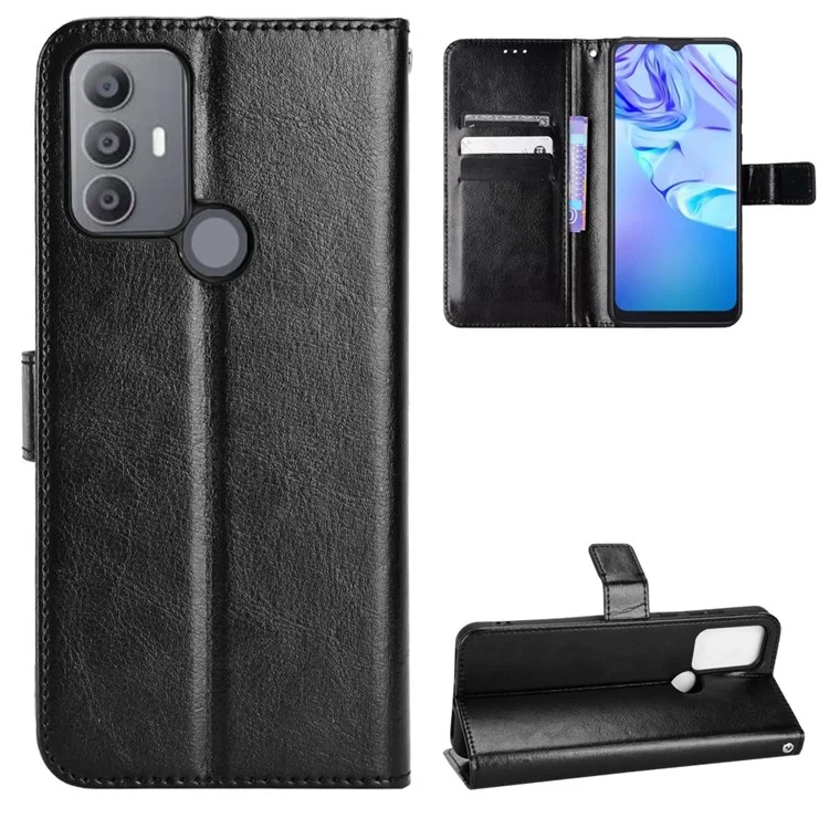 Pour TCL 30 se / 30e / 306/305 / Sharp Aquos v6 / v6 Plus Crazy Horse Cuir Cuir Case de Protection Portefeuille Sobre à L'épreuve du Support - le Noir
