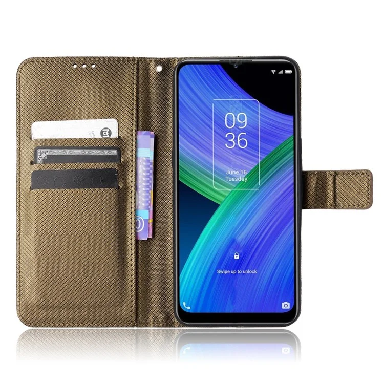 For TCL 20 R 5G/TCL Bremen 5G/TCL 20AX 5G Shock Absorption Diamond Texture Stand PU Leather Protective Phone Case with Wallet - Brown