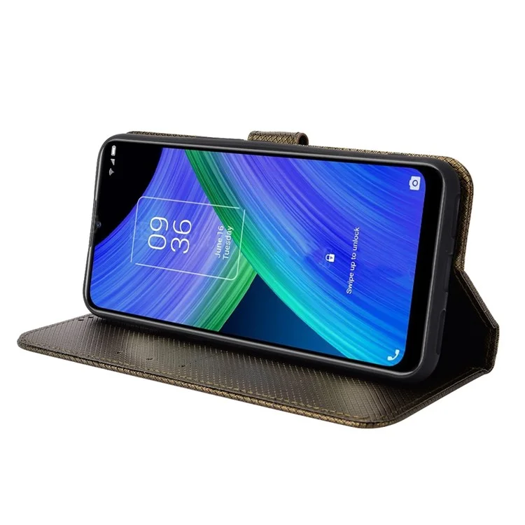 For TCL 20 R 5G/TCL Bremen 5G/TCL 20AX 5G Shock Absorption Diamond Texture Stand PU Leather Protective Phone Case with Wallet - Brown