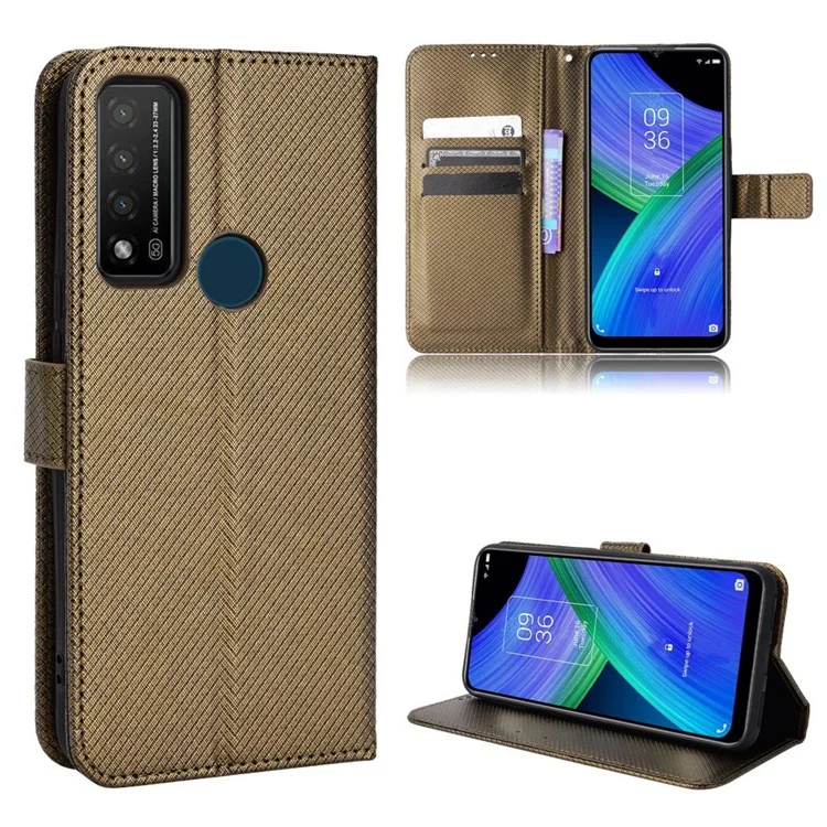 For TCL 20 R 5G/TCL Bremen 5G/TCL 20AX 5G Shock Absorption Diamond Texture Stand PU Leather Protective Phone Case with Wallet - Brown