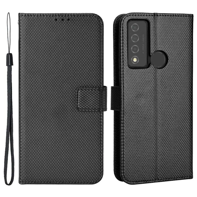 Para TCL 20 XE Anti-colisión Textura de Diamante Soporte de Pie Funda Protectora de Piel de Vaca con Billetera - Negro