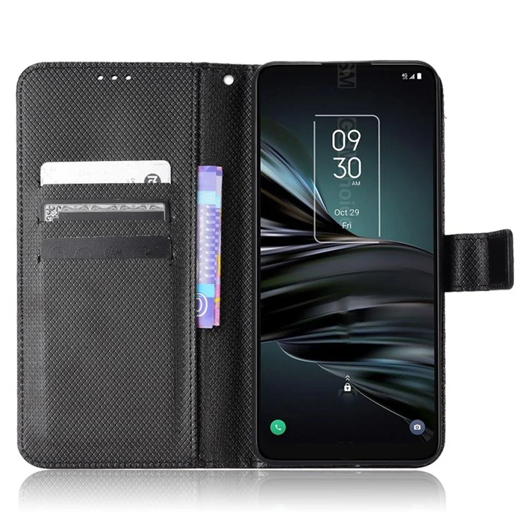 Para TCL 20 XE Anti-colisión Textura de Diamante Soporte de Pie Funda Protectora de Piel de Vaca con Billetera - Negro