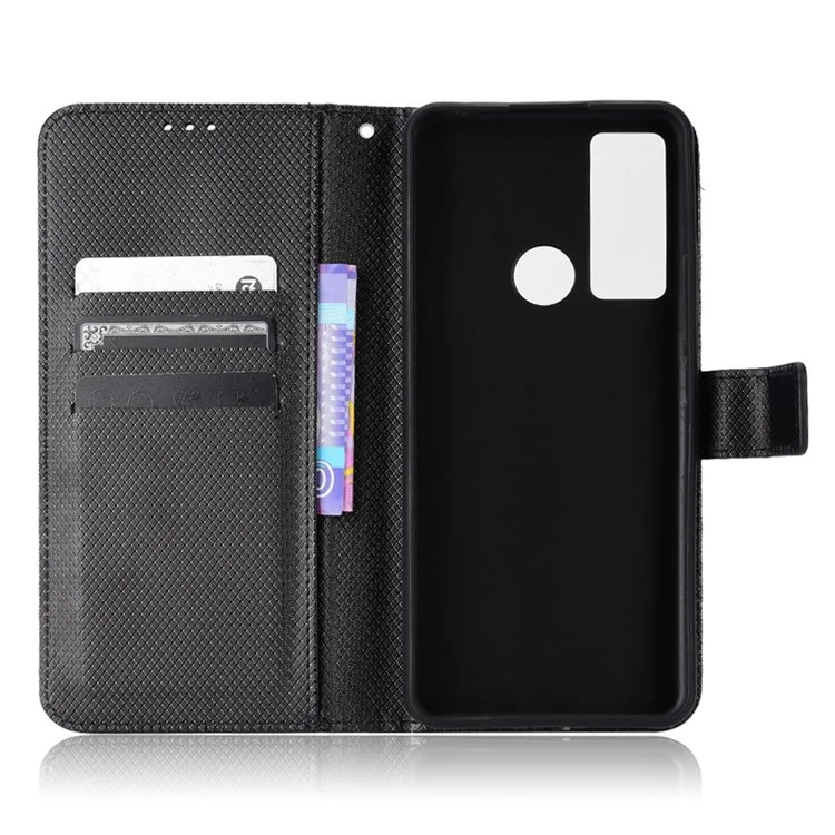 Para TCL 20 XE Anti-colisión Textura de Diamante Soporte de Pie Funda Protectora de Piel de Vaca con Billetera - Negro