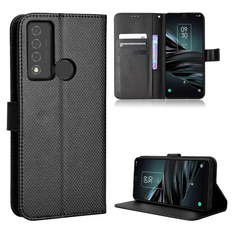 Para TCL 20 XE Anti-colisión Textura de Diamante Soporte de Pie Funda Protectora de Piel de Vaca con Billetera - Negro