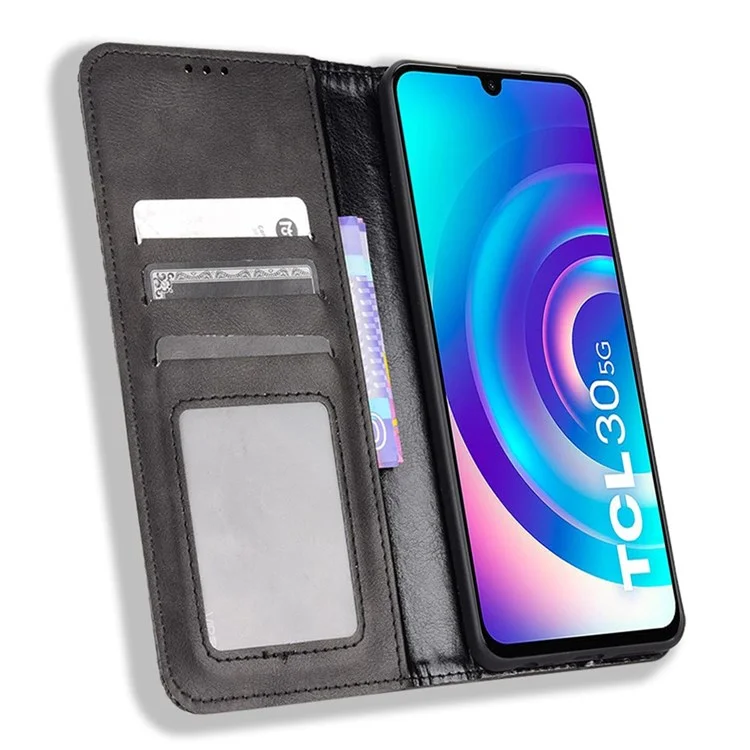 Per TCL 30/TCL 30 5G/TCL 30+ Retro Texture PU Leather Wallet Foldable Stand Cover Mosaic Imprinted Auto Closing Magnetic Phone Case - Nero