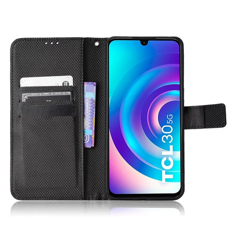Para TCL 30 4G/TCL 30 5G/TCL 30+ Diamond Texture Visioning Stand PU Cuero Caja de Teléfono Con Billetera - Negro