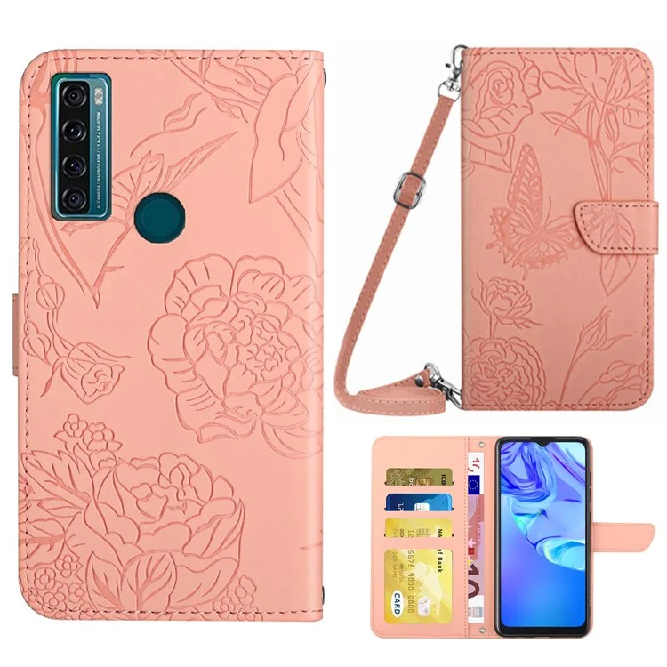 Tampa do Telefone Anti-poeira Para TCL 20 SE, Skin Touch Feeling PU Stand Stand Butterfly Flowers Imprimindo a Cobertura da Carteira Com Alça de Ombro Com Alça - Rosa
