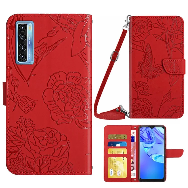 Para TCL 20S/20 5G/20L/20L+ Caixa de Telefone de Couro Anti-arranhão, Skin Toucha Stand Stand Butterfly Flowers Padrão da Carteira Tampa Com Alça de Ombro - Vermelho