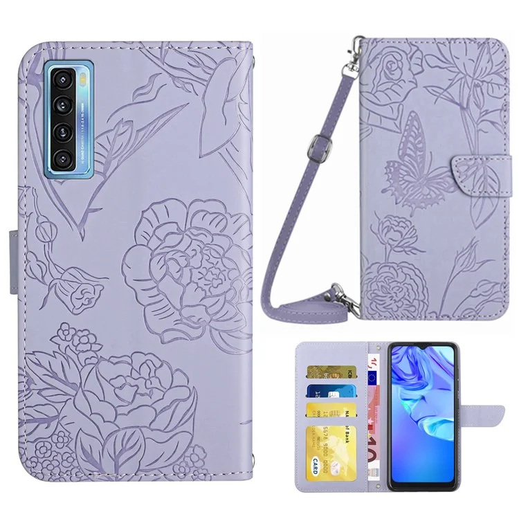 For TCL 20 Pro 5G Imprinted Butterflies Flower Pattern Skin-touch Feeling PU Leather Phone Bag Case Wallet with Shoulder Strap - Light Purple