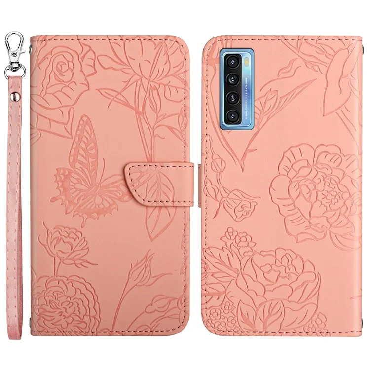 For TCL 20 Pro 5G Butterfly Flowers Imprinting PU Leather Phone Shell, Wallet Stand Cellphone Guard Case with Handy Strap - Pink