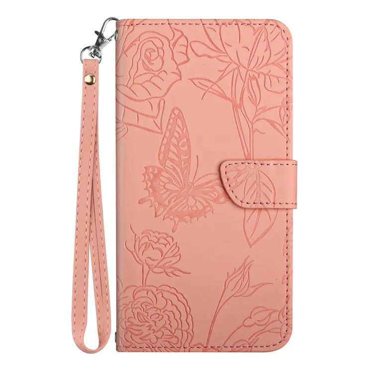 For TCL 20 Pro 5G Butterfly Flowers Imprinting PU Leather Phone Shell, Wallet Stand Cellphone Guard Case with Handy Strap - Pink
