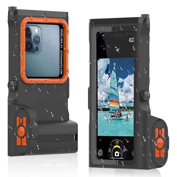 Estuche de buceo con conexión Bluetooth para teléfonos de 4.7-6.9 pulgadas, IP68 15m / 50ft Snorkeling Cámara subacuática Surfing Zoom Video Convertir Estuches impermeables Cubierta - Azul oscuro / Naranja