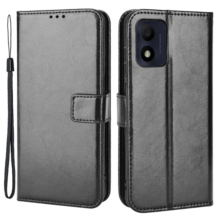 Para TCL 303/Alcatel 1b (2022) Casa de Telefone de Proteção Textura Crolia PU PU Cahetra Chumgel Stand Stand Com Strap - Preto