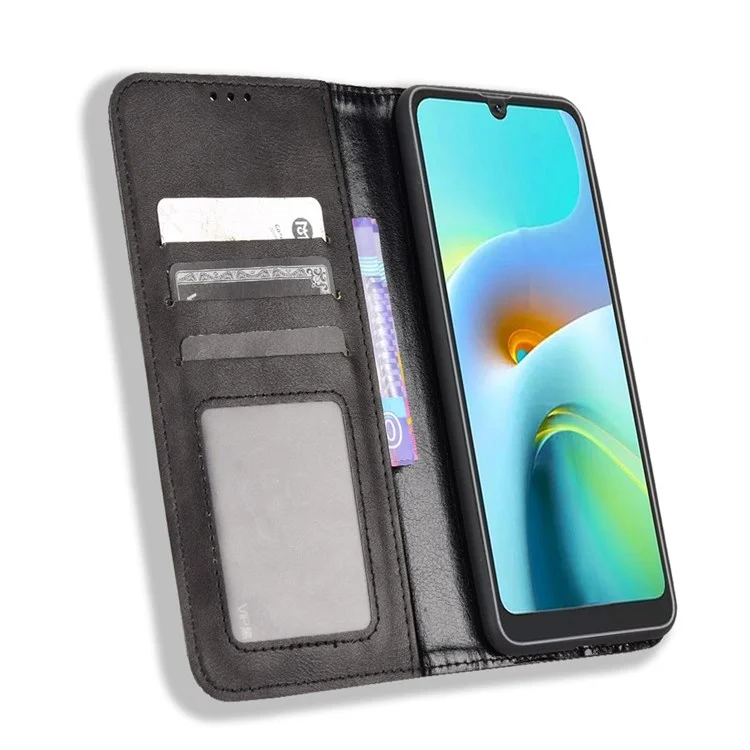 For Blackview A50 4G Retro Surface Auto-Absorbed Leather Phone Shell, Wear-resistant Wallet Stand Function Case Phone Accessory - Black