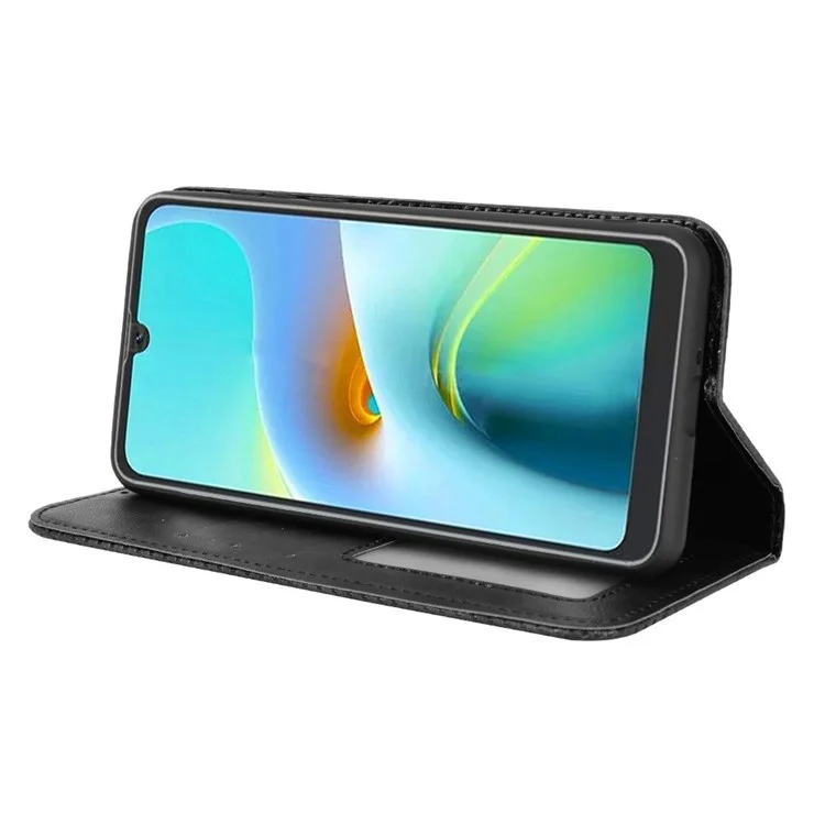 For Blackview A50 4G Retro Surface Auto-Absorbed Leather Phone Shell, Wear-resistant Wallet Stand Function Case Phone Accessory - Black