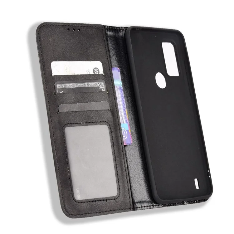 For Blackview A50 4G Retro Surface Auto-Absorbed Leather Phone Shell, Wear-resistant Wallet Stand Function Case Phone Accessory - Black